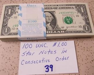 100 UNC. $1.00 Star Notes in Consecutive Order 