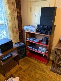 Book shelf, stereo equipment, printer, speakers