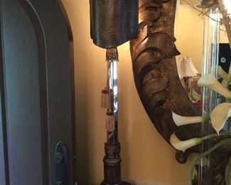 One of two leather shade lamps - might be alligator 