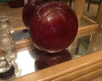 Large red glass vase in glass from cabinet 