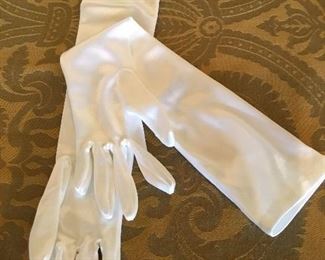 Long white satin gloves