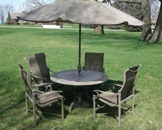 Patio Table, Chairs, and Umbrella