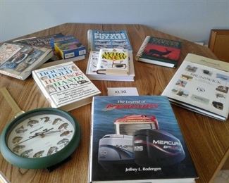 Seiko Watch, Mercury Marine Clock, and Assorted Books