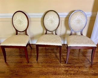 6 Henkel Harris Dining chairs upholstered in white damask. 