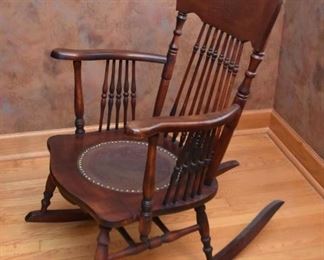 Antique Rocking Chair with Tooled Leather Seat