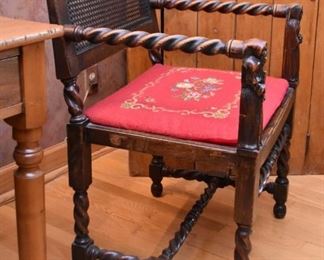 Antique Wood Carved Armchair with Rush Back & Needlepoint Seat 