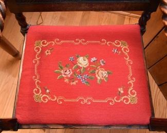 Antique Wood Carved Armchair with Rush Back & Needlepoint Seat 