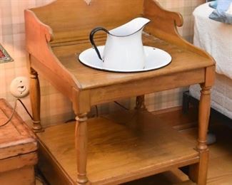 Antique Washstand with Enamelware Pitcher & Bowl