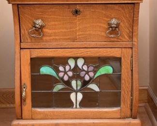 Antique Oak Side Table with Stained Glass Door