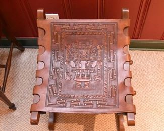Vintage Wooden Chair / Seat with Tooled Leather (Aztec / Mayan Theme)