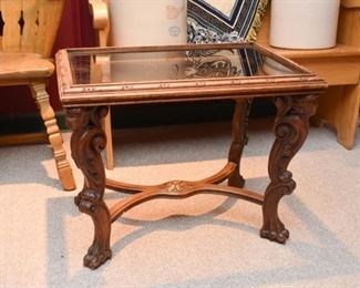 Carved Wood Table with Glass Top