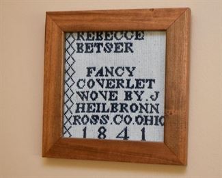 Framed Antique Wove Coverlet Signature & Date