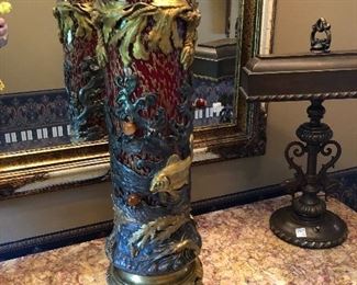 French “Japonism” Vase  L’ Escalier de Cristal attributed. 22-1/2” tall, Circa 1870.  Exceptional, Rare and Original Red and Gold Glass,   Martele’ carved to simulate gentle water ripples. Mounted with Gilt and Silvered Bronze with Fish, Lobsters, Crabs, and Shells with Seaweed.  