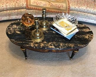 Neo Classical Flame Mahogany Marble Top Coffee Table- SOLD
Art Glass Sphere, Crystal Bowl, Great Colonial Brass Candle Sticks