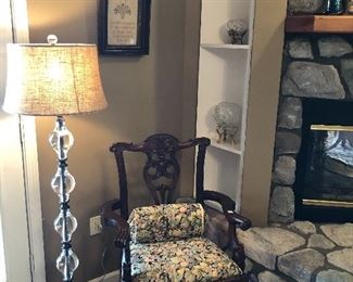 Solid Blown Glass Floor Lamp-SOLD
Chippendale Style Mahogany Chair, Antique Needlepoint Sampler