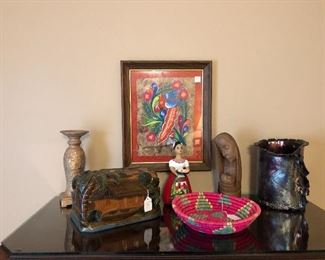 original Art Honduras Artist, Raku pottery by Susan Peterson, Honduran Carved box and basket
