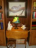 tea cart, oil painting by George Arrieta, and Tifany style lamp