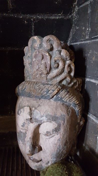 Large carved wood Buddha head!