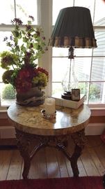 Faux marbleized side table and decor