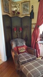 leather and plaid chair and footstool / ottoman, panels, prints, sconce, lamp