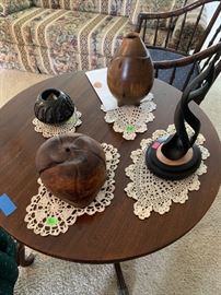 (Starting at the top then L to R):   A Nathan Hart, Cherokee artist, wooden sculpted vase ,  Indian bowl by Naranjo, John Geaddert wooden sculpture,  sculpture, artist Laurence Oliver