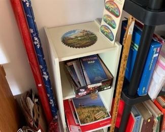 white shelving unit, misc. items