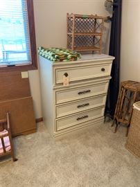 White dresser, small shelving and stands