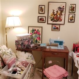 Sewing supplies, 1960s sewing machine, crewel artwork