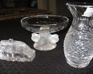 Lalique bowl, Waterford vase and cottage.