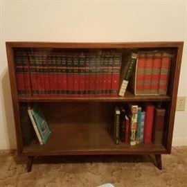 Oak Book Shelf with sliding Glass Doors, contains 1957 World Book Encyclopedia 20 Volume Set