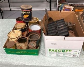 Box Lots of Tobacco Cans and Cast Iron cookware