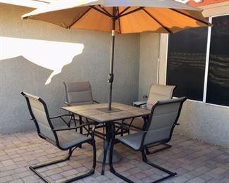 Patio Square Tile Top Table, 4 Rocker Armchairs, Umbrella w/ Base