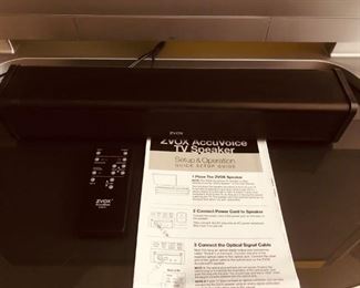 ZVOX  AccuVoice Soundbar and remote adjusts the voice volume on your TV. Even at low levels, it offers super-clear voices. Purchased for $250 two years ago. 17w x 3 x 3.