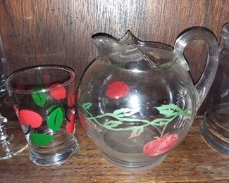 Vintage Glass Cherry Pitcher & Glass Set