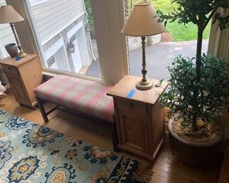 Pair Pine Tables $150 each Custom Upholstered Bench $175