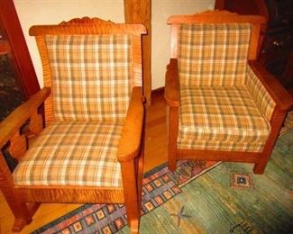 Arts and crafts style rocker and chair, and constructed from oak