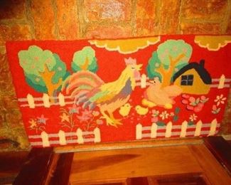 Vintage hooked rug with chicken and cock