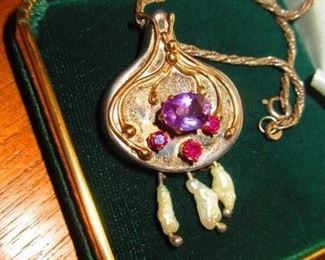 Artisan made Sterling, 14 karat gold, Amethyst, Ruby and pearl pendant