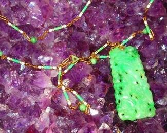 Carved Jadeite Jade pendant on enameled 14kt gold chain
