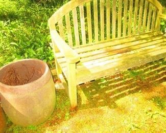 Weathered teak bench and large ceramic planter