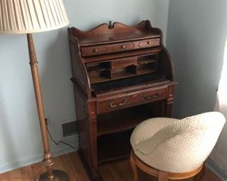 Antique Desk, chair and lamp