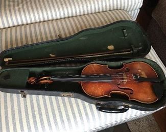 Antique violin, bow and case. Made by John Juzek in Prague.
