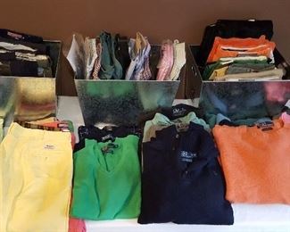 Mens Size 38 (Ralph Lauren and Vineyard Vines) shorts, New With Tags Mens Size 38/32 pants and cords (Ralph Lauren and Vineyard Vines), New With Tags Ralph Lauren and Brooks Brothers XL dress shirts, and Ralph Lauren XL sweaters.