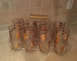 Vintage Libbey barware.  8 frosted glasses and caddy 