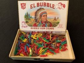 Vintage "El Bubble" Cigar Box with 1950's Mr. Peanut Plastic Lapel Pins