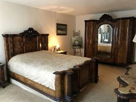 ANTIQUE HAND MADE ITALIAN 6 PIECE BEDROOM SET. ORIGINAL BED IS NEARLY A KING SIZE. BURLED WALNUT, INSET MARBLE TOPS, EXCELLENT ORIGINAL CONDITION. 3 YEAR OLD CUSTOM "SERTA I COMFORT" MATTRESS. SEE FOLLOWING PHOTOS FOR MORE PIECES.