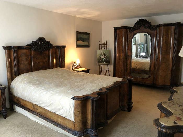 ANTIQUE HAND MADE ITALIAN 6 PIECE BEDROOM SET. ORIGINAL BED IS NEARLY A KING SIZE. BURLED WALNUT, INSET MARBLE TOPS, EXCELLENT ORIGINAL CONDITION. 3 YEAR OLD CUSTOM "SERTA I COMFORT" MATTRESS. SEE FOLLOWING PHOTOS FOR MORE PIECES.