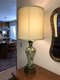 PAIR HAND PAINTED AND SIGNED 1940'S MID CENTURY PORCELAIN TABLE LAMPS. VERY GOOD CONDITION, NEW SHADES.