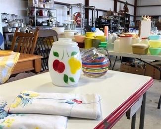 Vintage Bartlett Collins Hand Painted Cookie Jar, Enamel Top Table, Linens