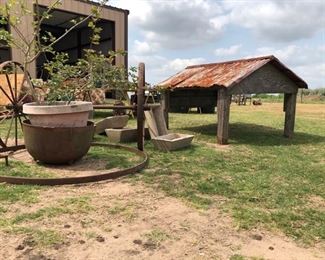 Iron Wheels, Cast Iron Caldron Pot, Rustic Dog House